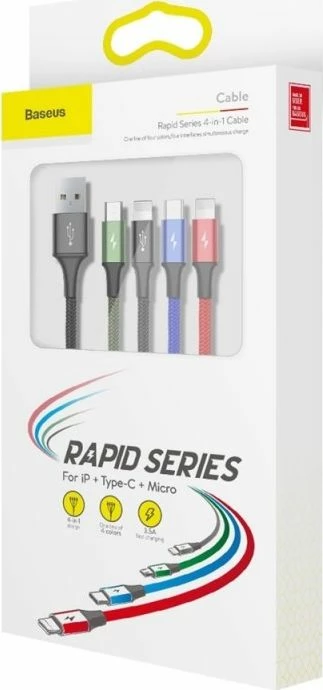 Kabllo USB 4-në-1 Baseus CA1T4-A01 1.2 m USB-A në USB-C + Micro USB + 2x Lightning, e zezë