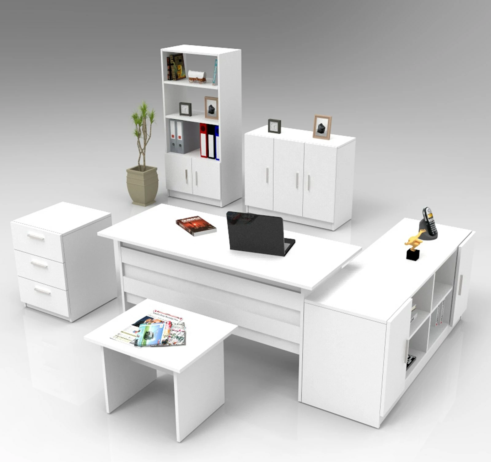 Set mobiljesh për zyre, ngjyrë e bardhë, Skye Decor, Vo17-W