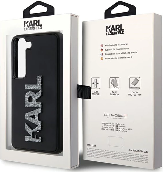 Mbështjellës Karl Lagerfeld 3D Rubber Glitter Logo për Samsung Galaxy S23, i zi