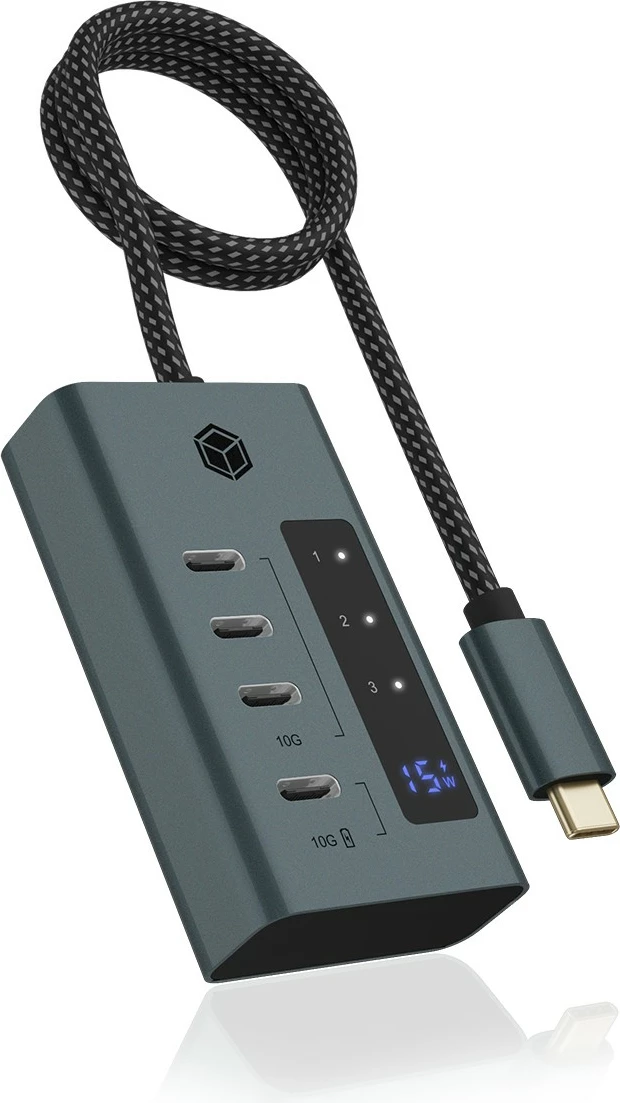 Hub USB ICY BOX IB-HUB1454-C31, USB 3.2 Gen 1/2, Type-C, 10000 Mbit/s, Blu, Gri, Alumini, 20 W