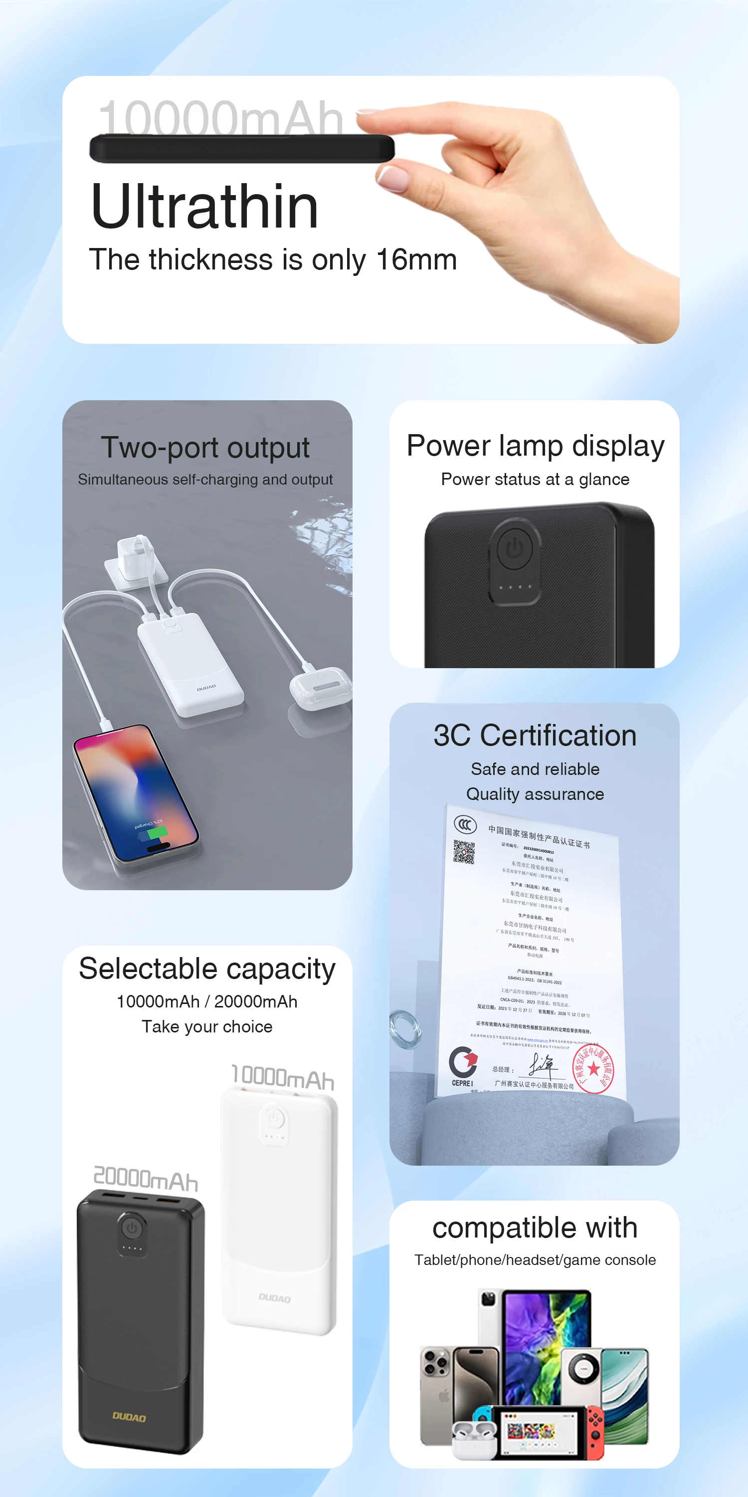 Powerbank Dudao K10, 10000mAh, 2x USB-A, USB-C, e zezë