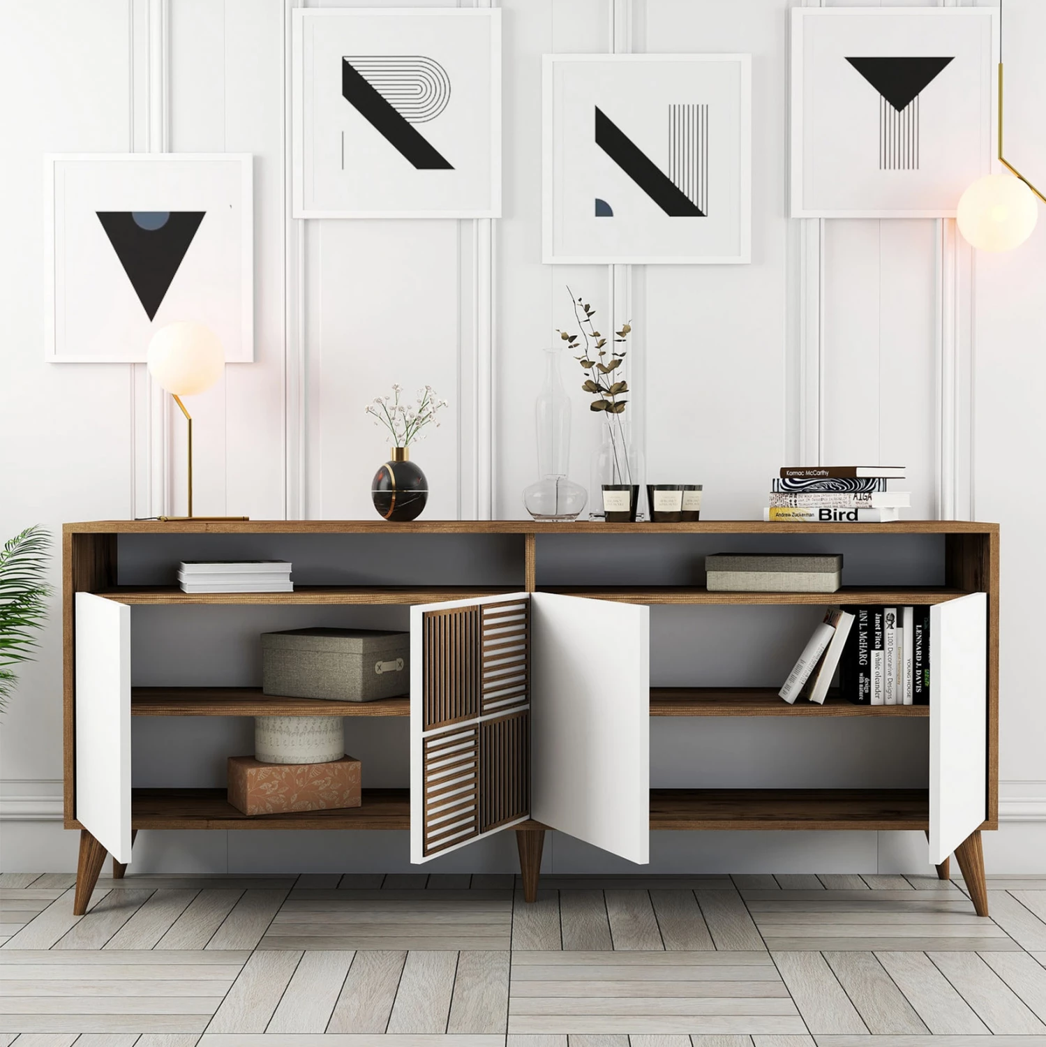 Bufe melamine në ngjyrë arre me dyer të bardha 180x35x78.6Hcm.FH9431.02