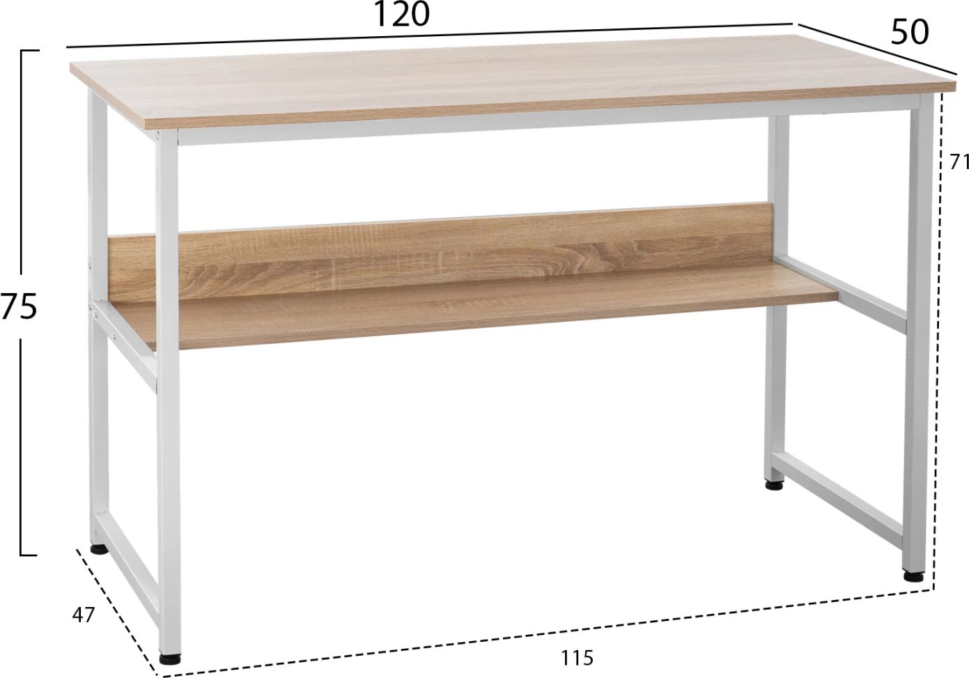 Tavolinë zyre FH2131.01 melaminë në sonama me kornizë metalike të bardhë mat 120x50x75 cm