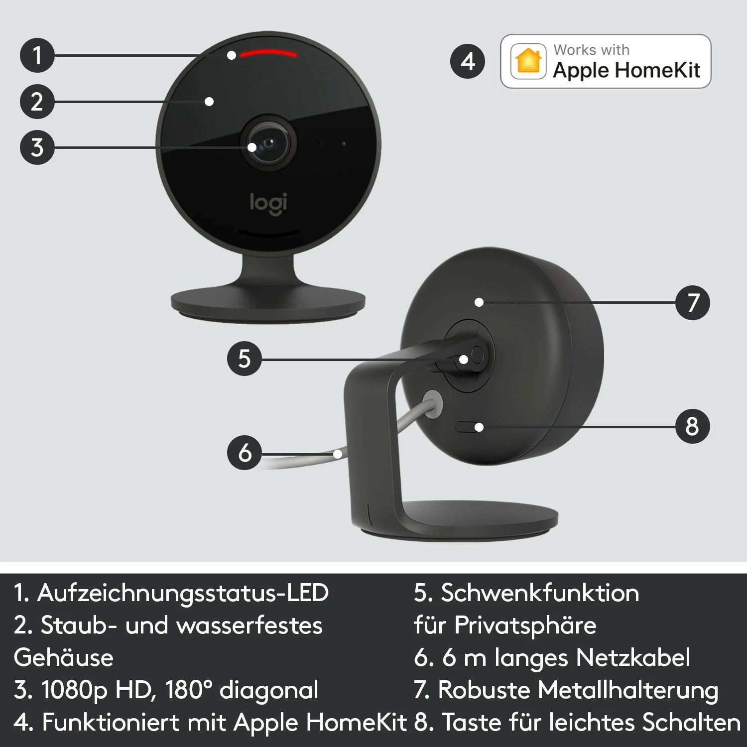 Kamerë sigurie Logitech Circle View, IP, Wireless, Brendshme & jashtme, Bullet, Grafit