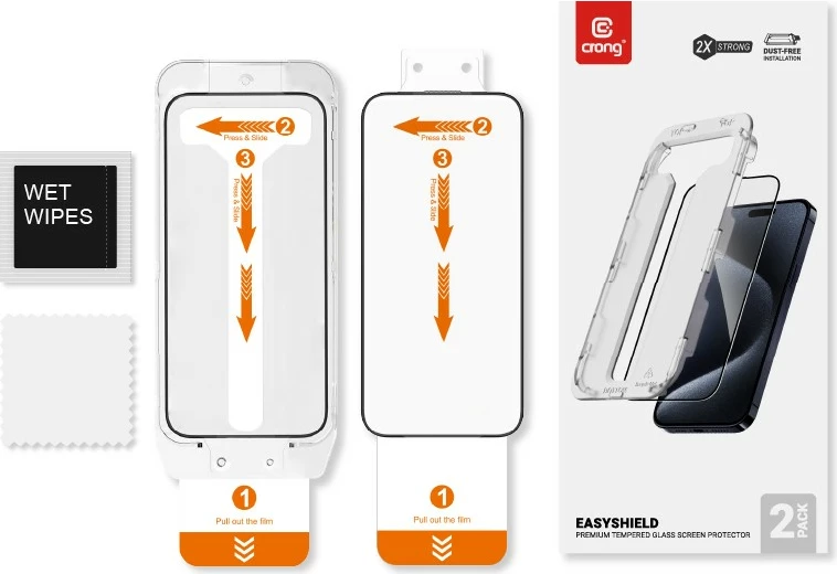 Xham i temperuar CRONG EasyShield 2-Pack për iPhone 16 / iPhone 15, 2 copë, kornizë e zezë