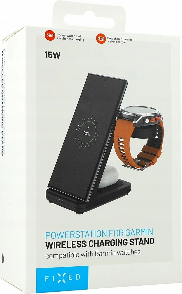 Stacion karikimi pa kabllo 3-në-1 Fixed për orë Garmin, 15W, i zi