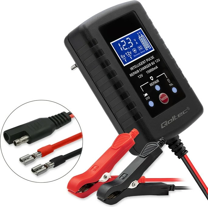 Karikues automatik baterie Qoltec 52426, 6V/12V, 2A, funksion riparimi, ekran LED, zi