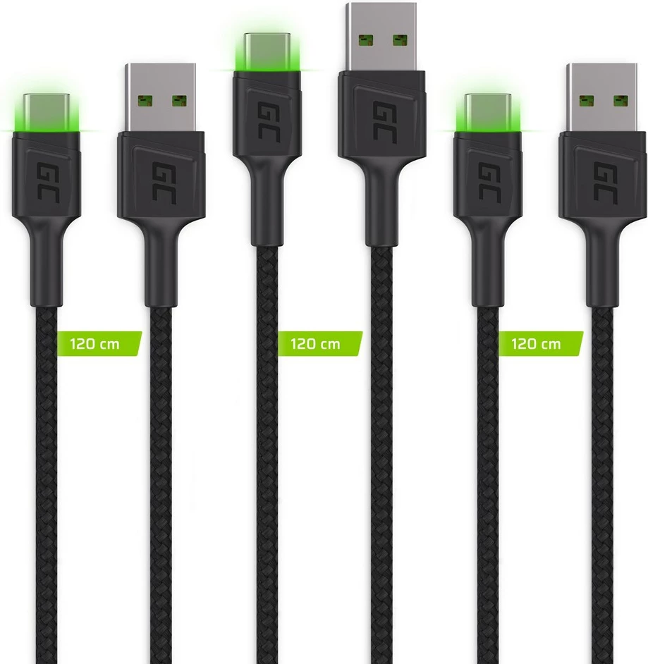 Kabllo USB Green Cell KABGCSET03, 2 m, USB A në USB C, 3 copë, E zezë