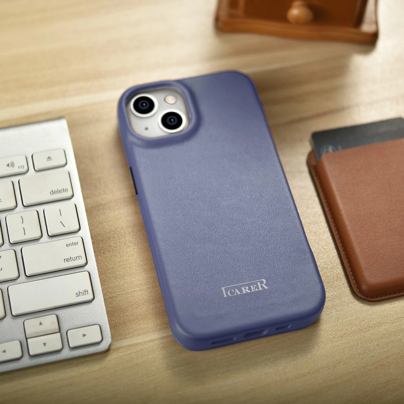 Mbështjellës lëkure iCarer CE Premium Folio për iPhone 14 Plus, MagSafe, Vjollcë e lehtë