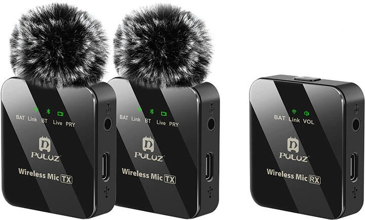 Mikrofon lavalier wireless Puluz PU3154B, 2 transmetues + 1 marrës, i zi