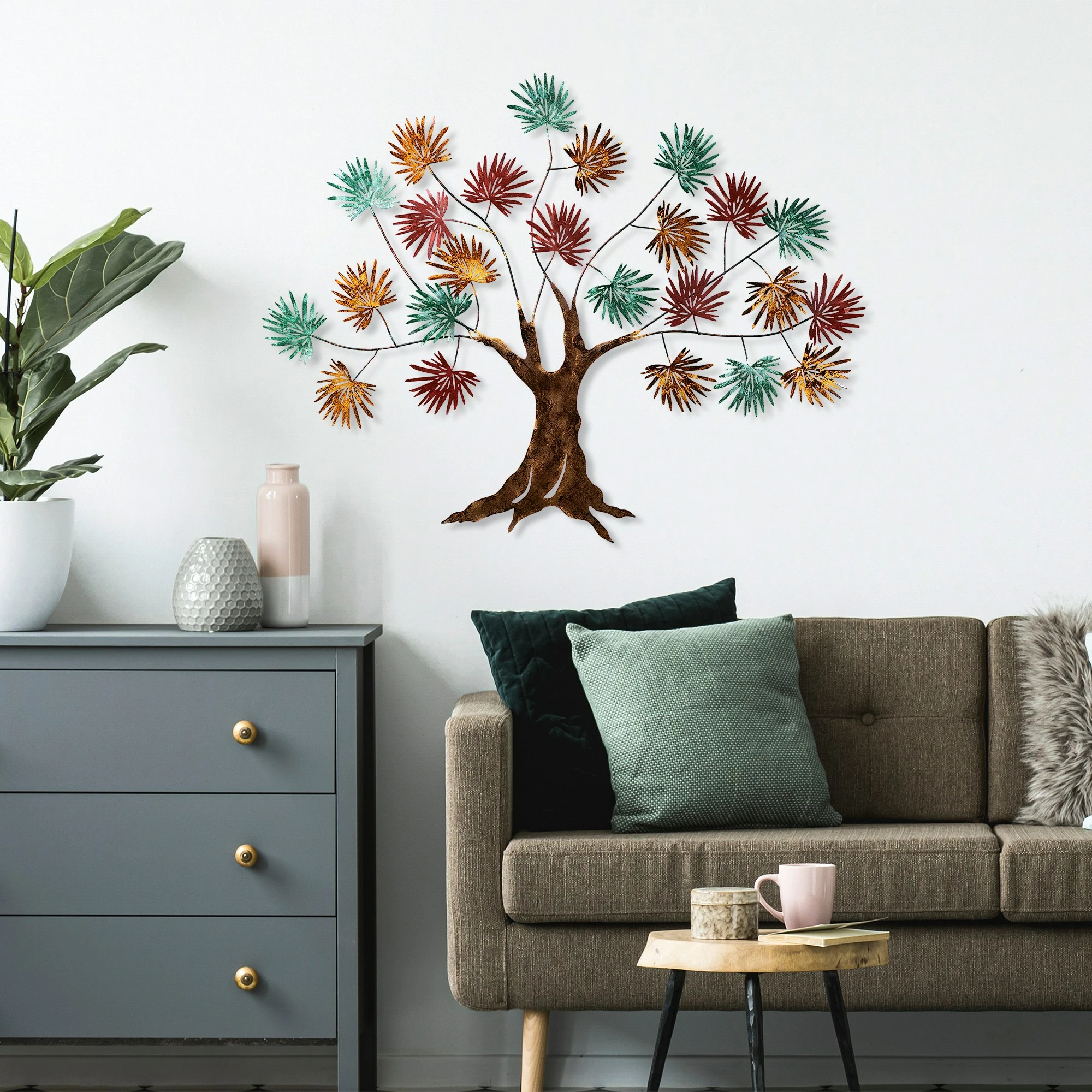 Aksesor dekorativ metalik për mur, Wallity, gjethe panje, ngjyrë e gjelbër, e kuqe