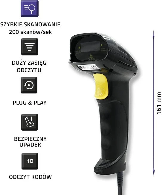 Skaner lazer Qoltec 50876, 1D, USB, i zi