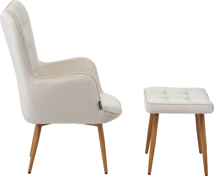 Fotel Maddison me stol këmbësh, kadife krem, këmbë natyrale, 68x72x98cm