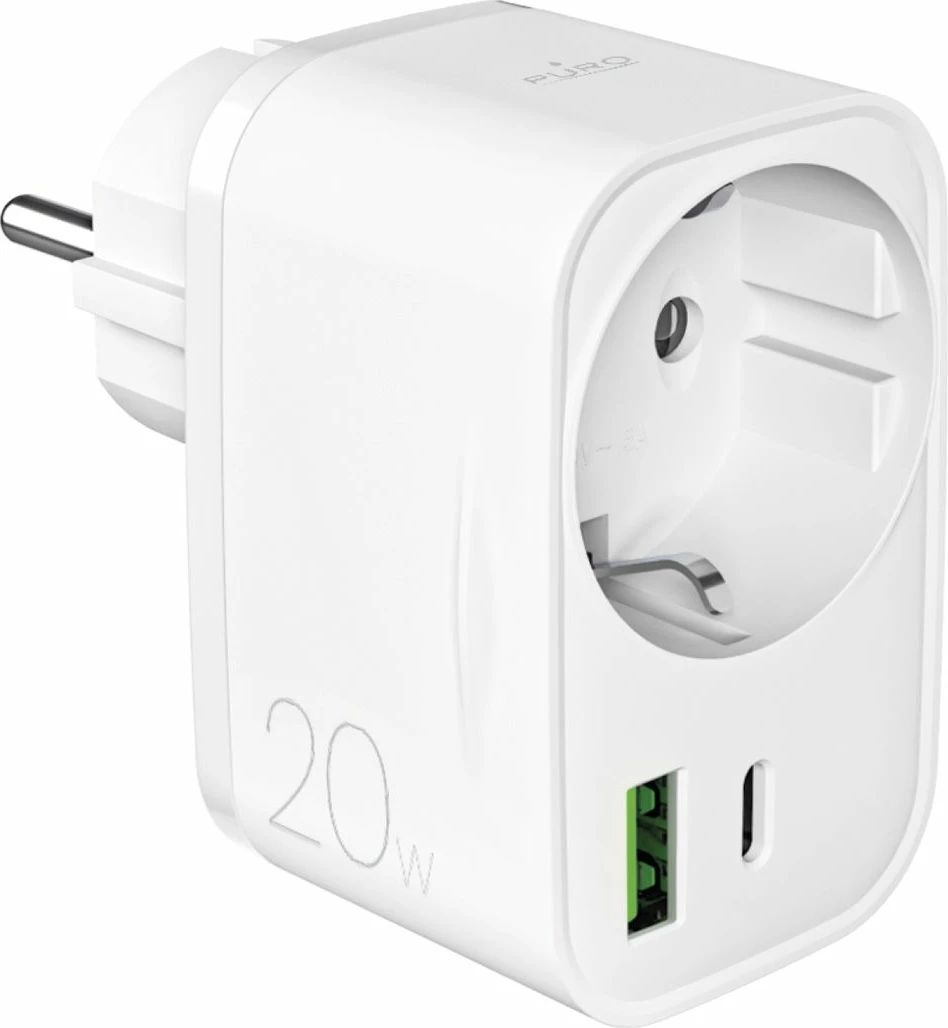 Karikues muri Puro PUTCSPUSBAC20WWHI, 20W, 2 porta (USB-C + USB-A), prizë Schuko, Bardhë