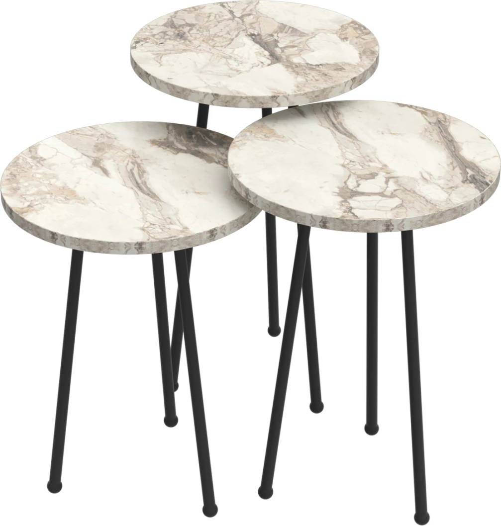 Set tavolina anësore të rrumbullakëta, ngjyrë mermeri të bardhë, këmbë metali të zeza, KISSA FH18174.01