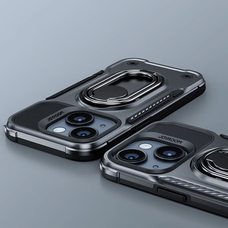 Mbështjellës Joyroom Dual Hinge për iPhone 14 Plus, me këmbalec dhe ring holder, Zi