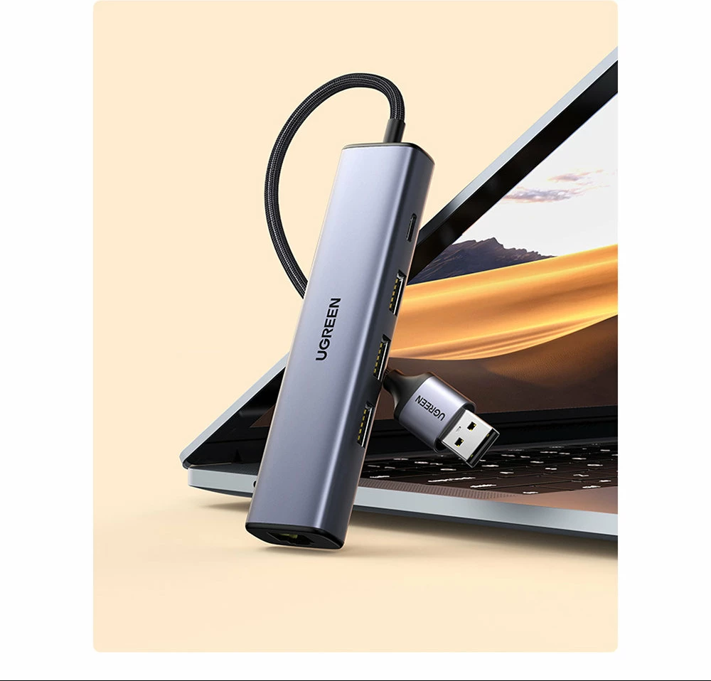 Adapter HUB multifunksional Ugreen CM475, 3x USB 3.0, Ethernet RJ-45, USB Type C PD, Gri