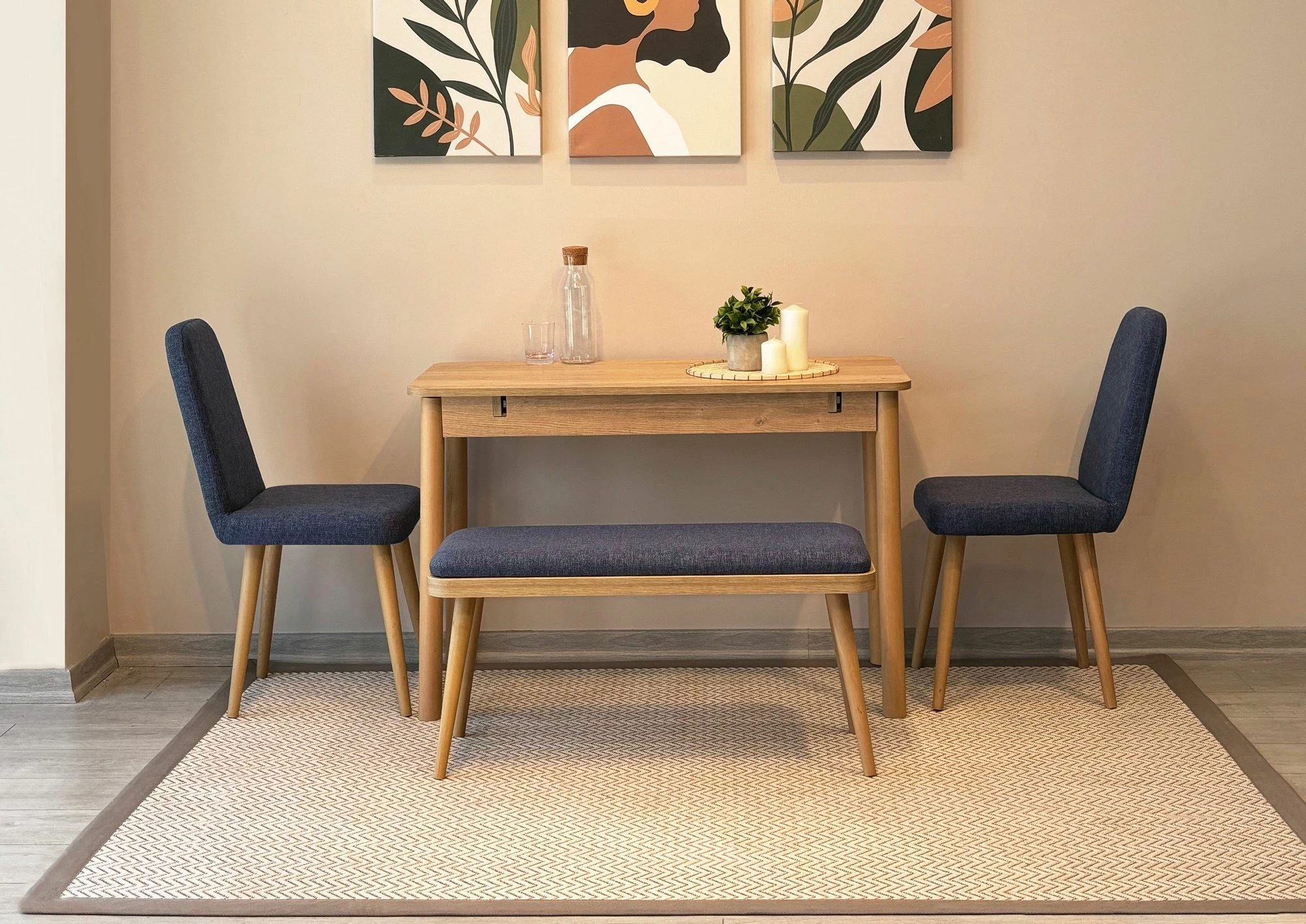 Tavolinë me karrige, zgjatshme, 4 pjesë, ngjyrë lis dhe kaltër e errët, Vina Mini 01 1048