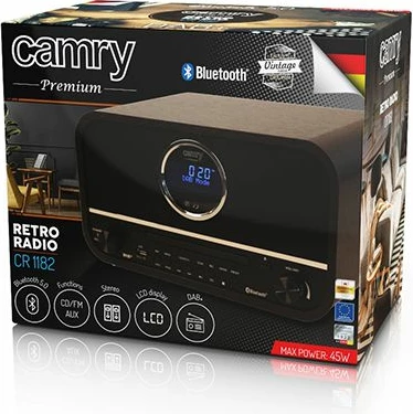 Radio retro CAMRY CR1182, DAB+/FM, CD, Bluetooth 5.0, USB/AUX, 2x15W, përfundim druri, e zezë