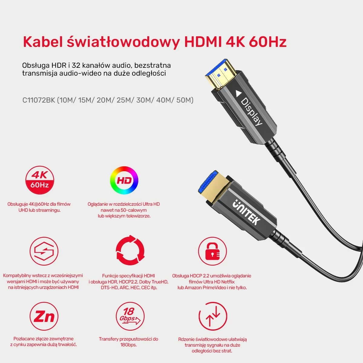 Kabel HDMI optik Unitek 2.0, 12m, 4K 60Hz, i zi