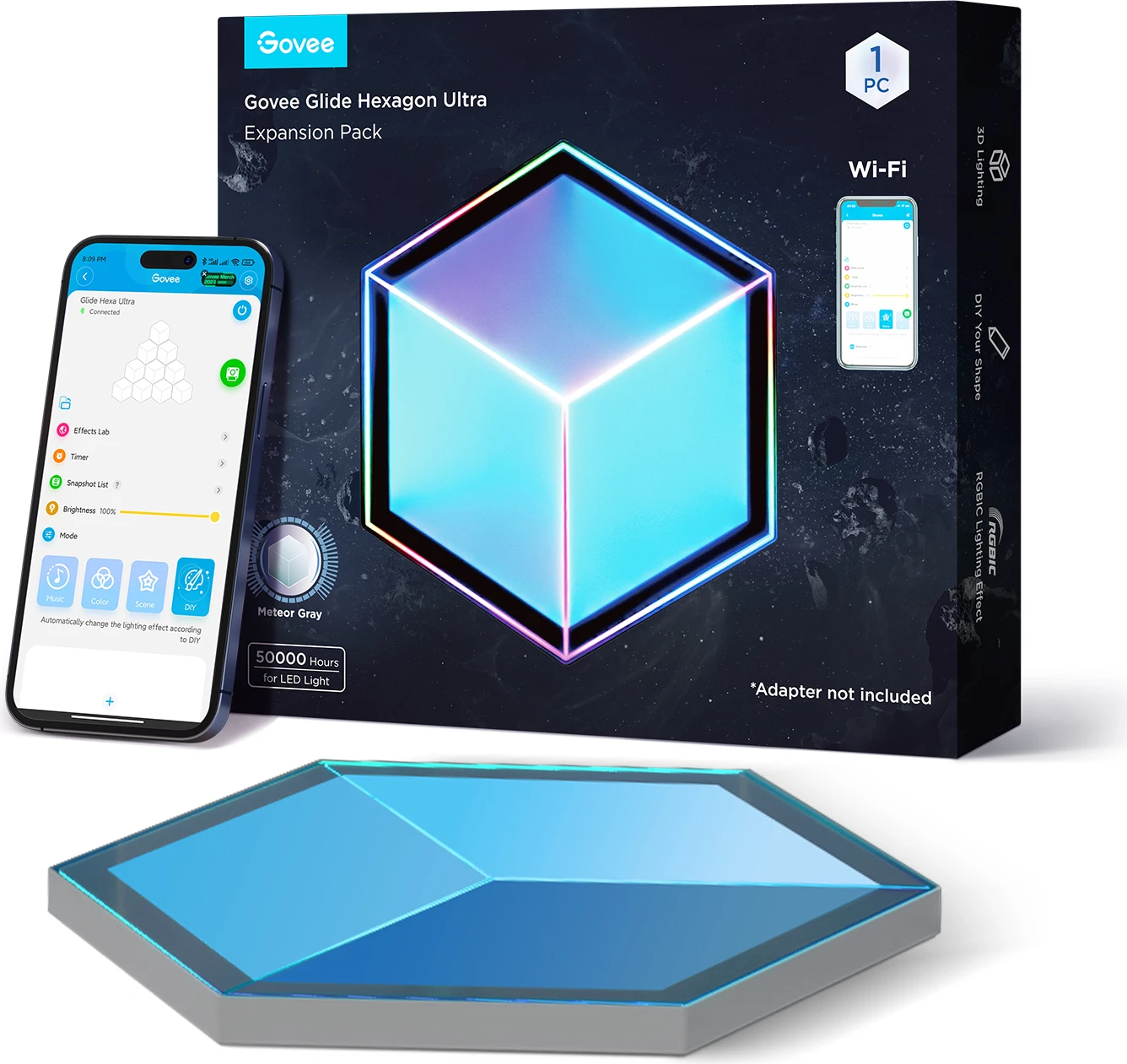 Panel ndriçimi smart Govee Glide Hexagon Ultra, Wi‑Fi, Meteor Gray, 1 copë (Expansion Pack)
