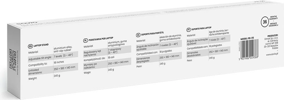 Mbajtës portativ për laptop/tablet Savio PB-05, alumini, i zi