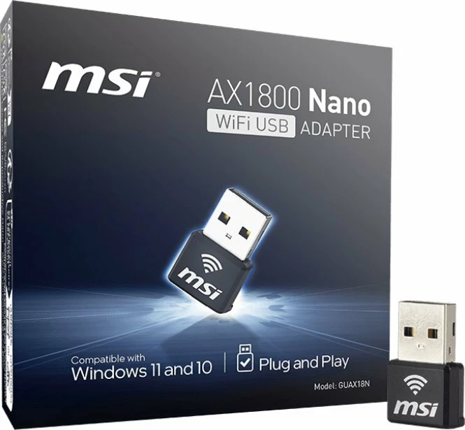 Adapter Wi‑Fi USB MSI AX1800 Nano GUAX18N, Wi‑Fi 6, dual-band 2.4/5 GHz, deri 1774 Mbps, USB 2.0, i zi