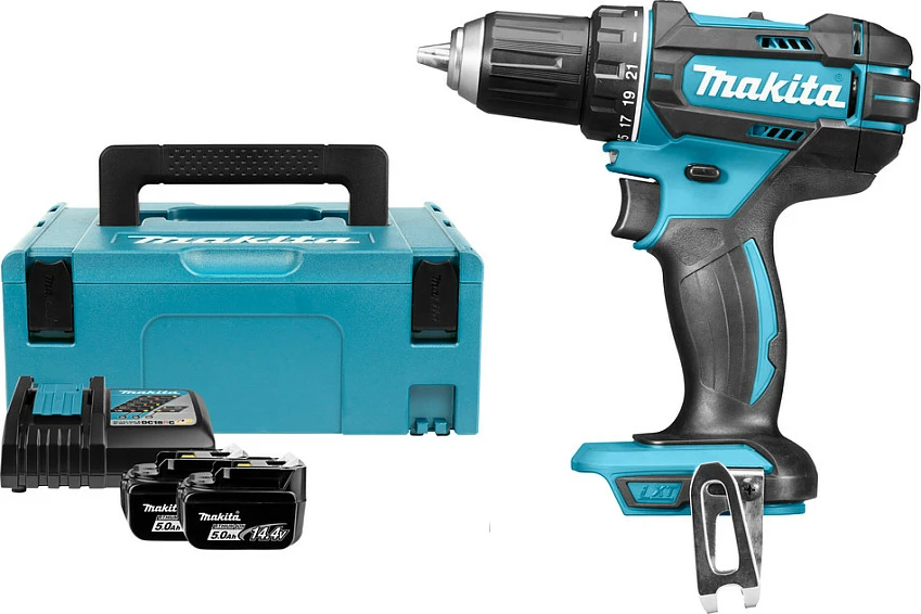 Shpuese/vidhosëse me bateri Makita DDF482RTJ, 18V, 2x 5.0Ah, me valixhe, zi/kaltër