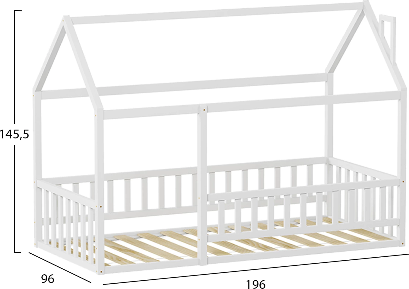 Krevat për fëmijë me parmakë, formë shtëpie, dru i bardhë, FH706.03, 190x90cm