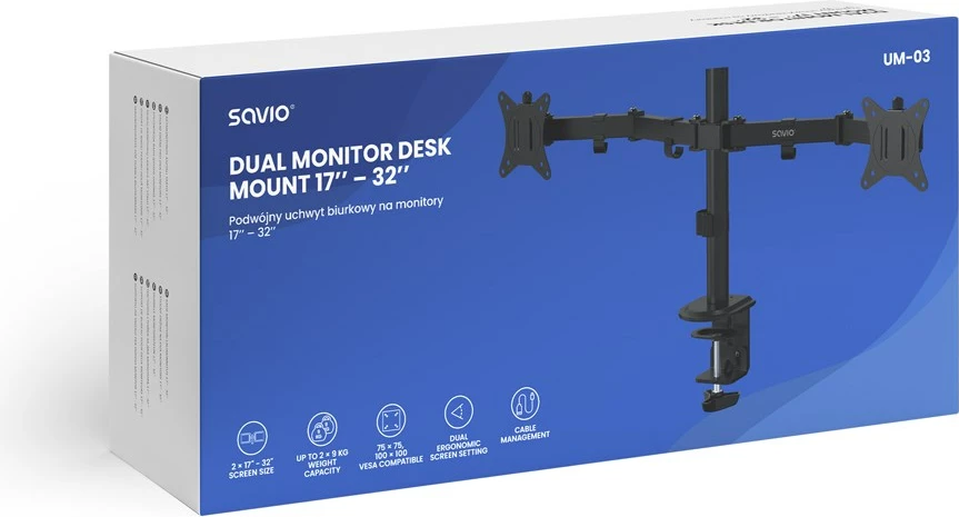Mbajtëse tavoline për dy monitorë Savio UM-03, 17-32 inç, e zezë