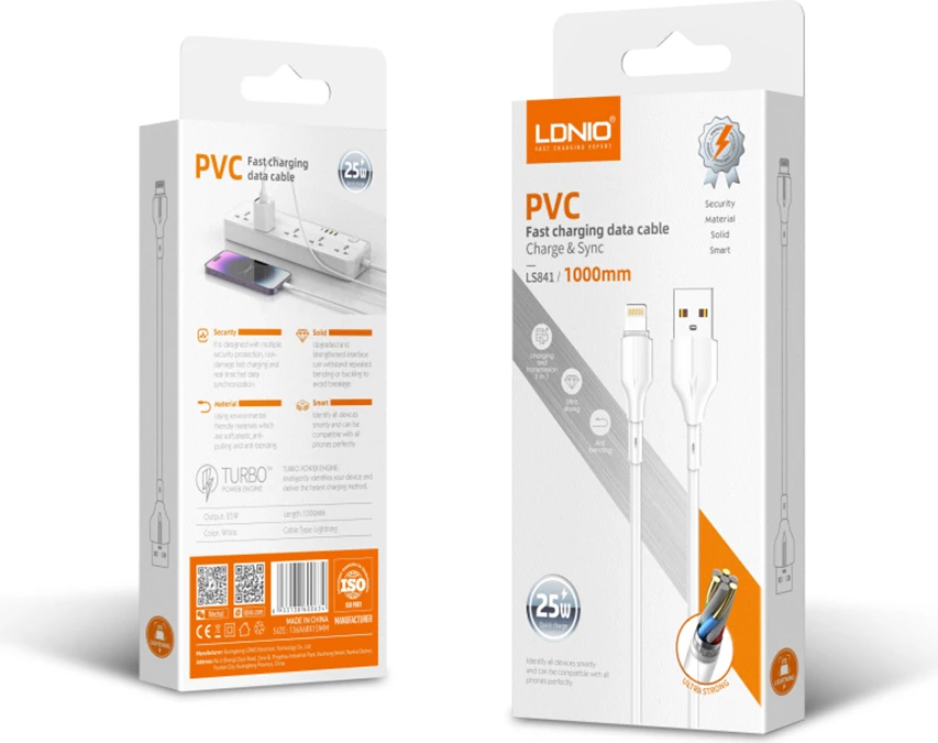 Kabllo karikimi dhe data LDNIO LS841_L USB-A në Lightning 25W 1m, e bardhë