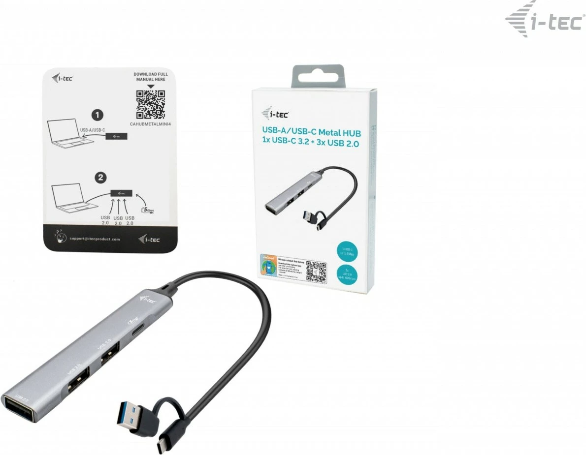 Hub USB i-tec CAHUBMETALMINI4, 1x USB 3.0 + 3x USB 2.0, Metal, Gri