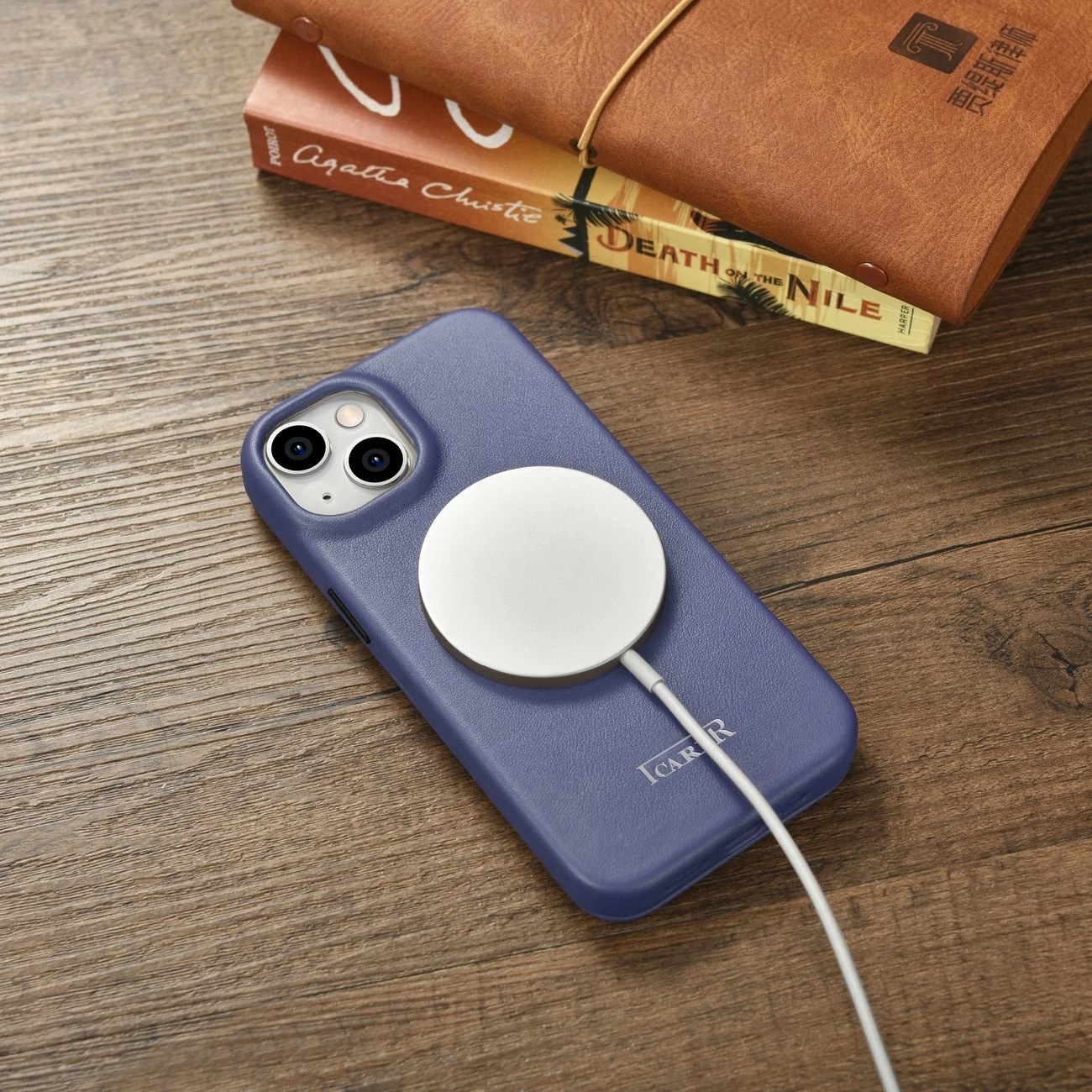 Mbështjellës lëkure iCarer CE Premium Folio për iPhone 14 Plus, MagSafe, Vjollcë e lehtë