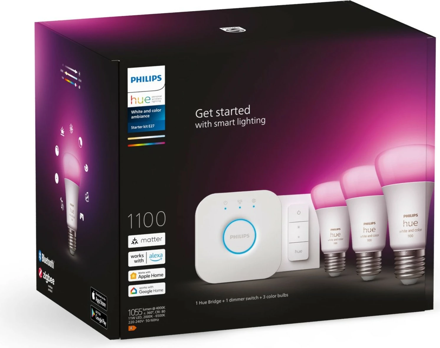 Kit ndriçimi i mençur Philips Hue, 3 llampa E27, dimmer switch, Bluetooth/Zigbee, Bardhë