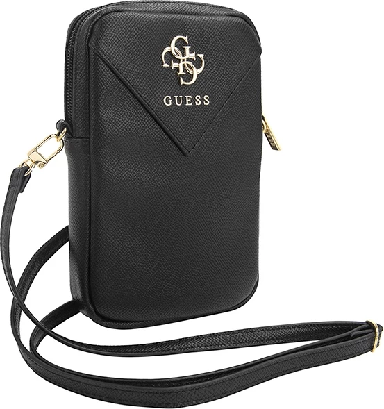 çantë për celular, Guess, ZIP Leather Triangle 4G, eko-lëkurë, 19x12x3.8 cm, rrip i rregullueshëm, e zezë