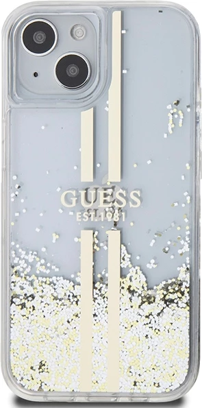 Mbështjellës Guess Liquid Glitter Gold Stripes për iPhone 15 Plus / 14 Plus, Transparent