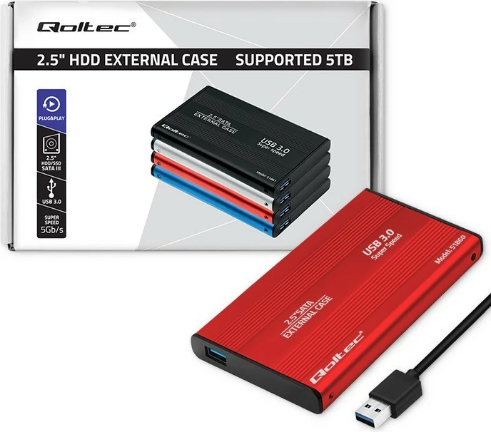Kasë Qoltec 2.5" për HDD/SSD, USB 3.0, e kuqe