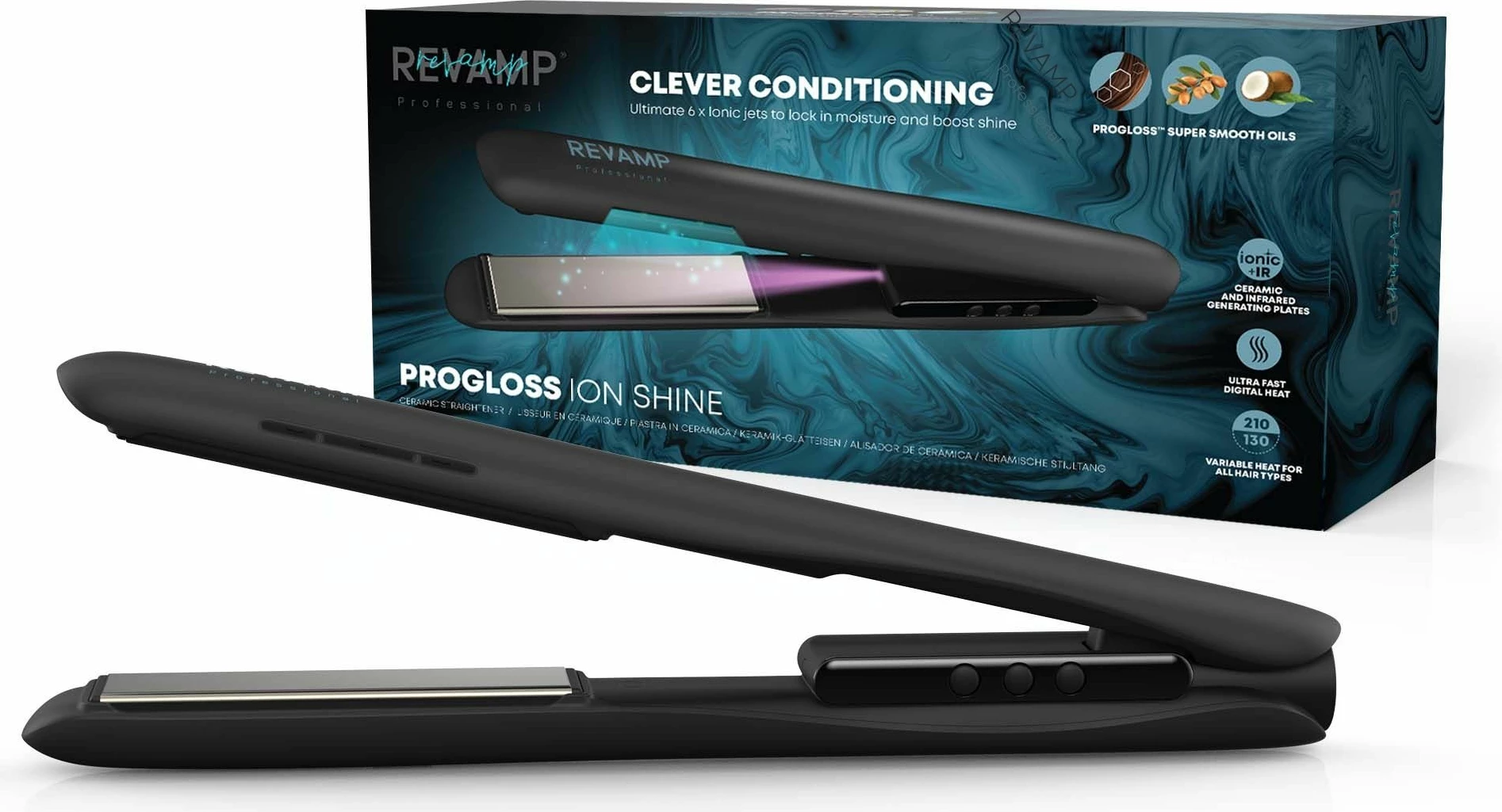 Hekur drejtues flokësh Revamp Progloss Ion Shine ST-1850, pllaka qeramike me infra të kuqe, 130–210°C, mat silikoni