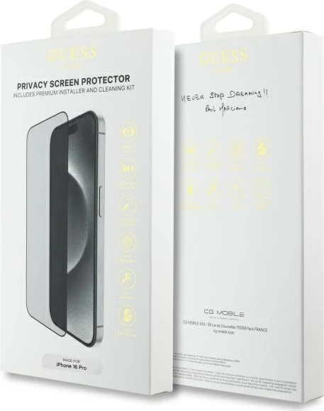 Mbrojtës ekrani Guess Privacy 2.5D Outline për iPhone 16 Pro, xham i temperuar