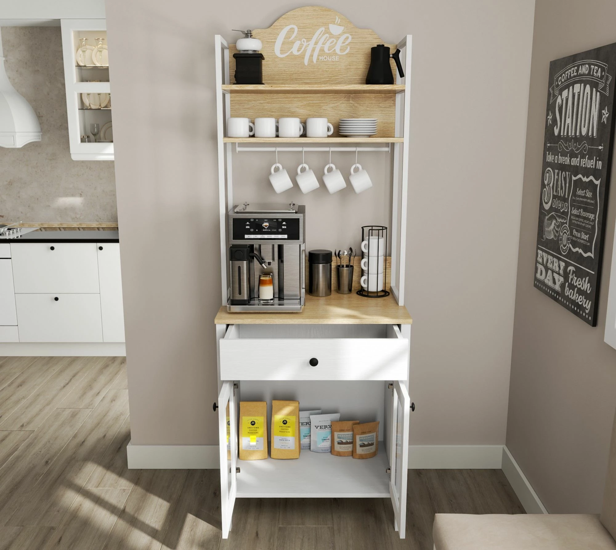 Kabinë për kafe, ngjyrë druri dhe e bardhë, Hanah Home, FRN-20076-1