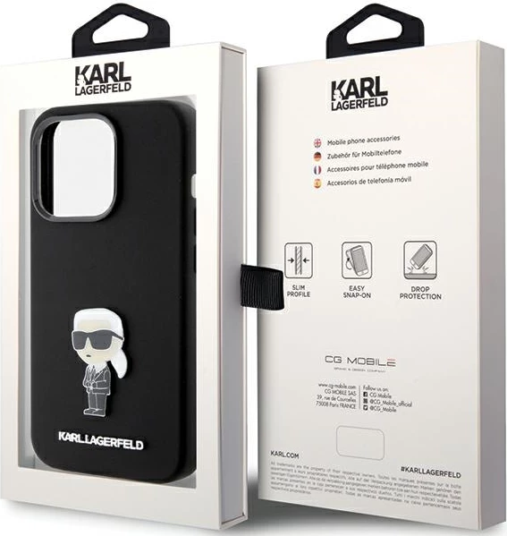 Mbështjellës Karl Lagerfeld Silicone Ikonik Metal Pin për iPhone 15 Pro, i zi