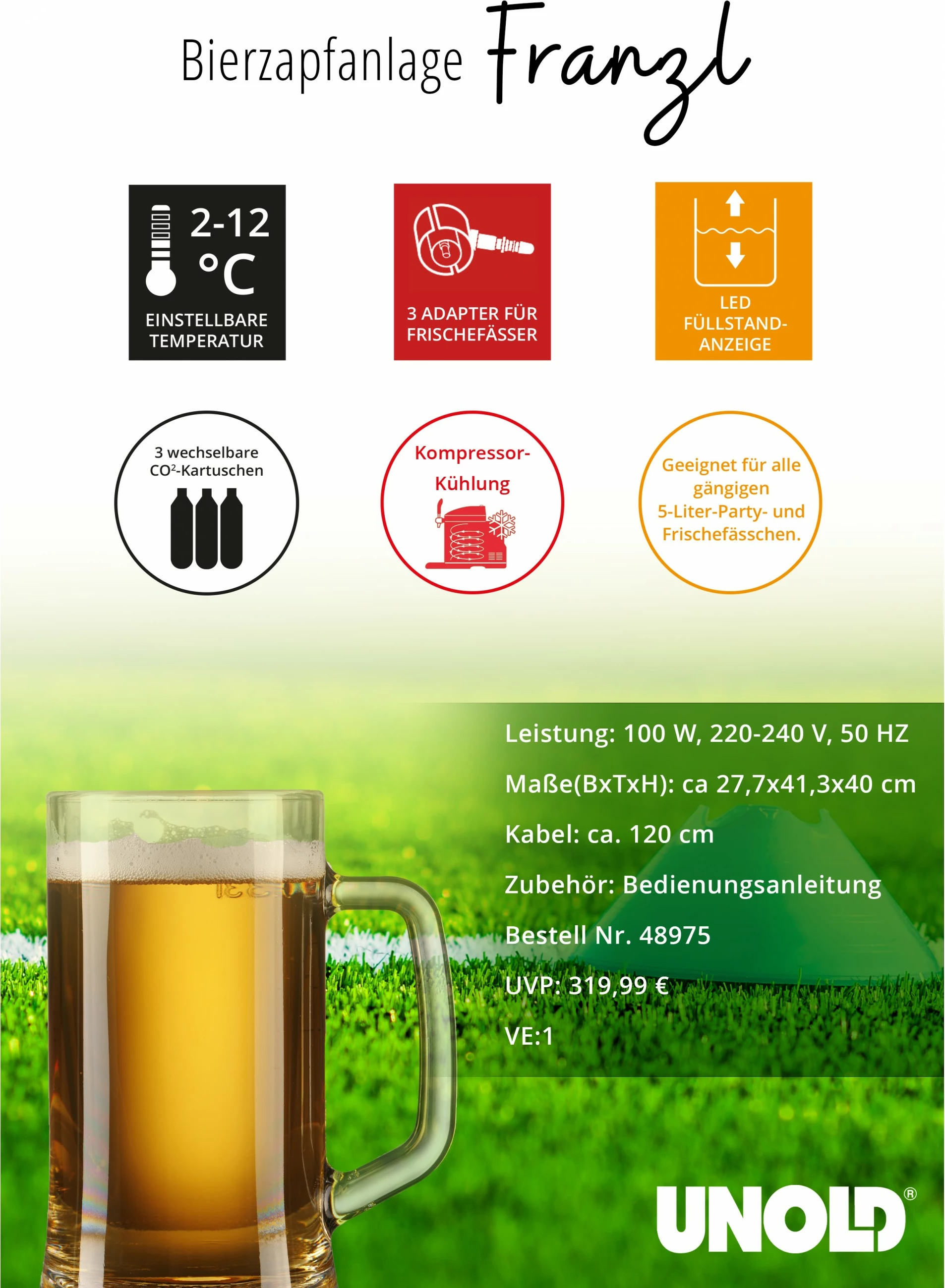 Aparat birre UNOLD 48975 Franzl, 5L, ftohje, inox/zi