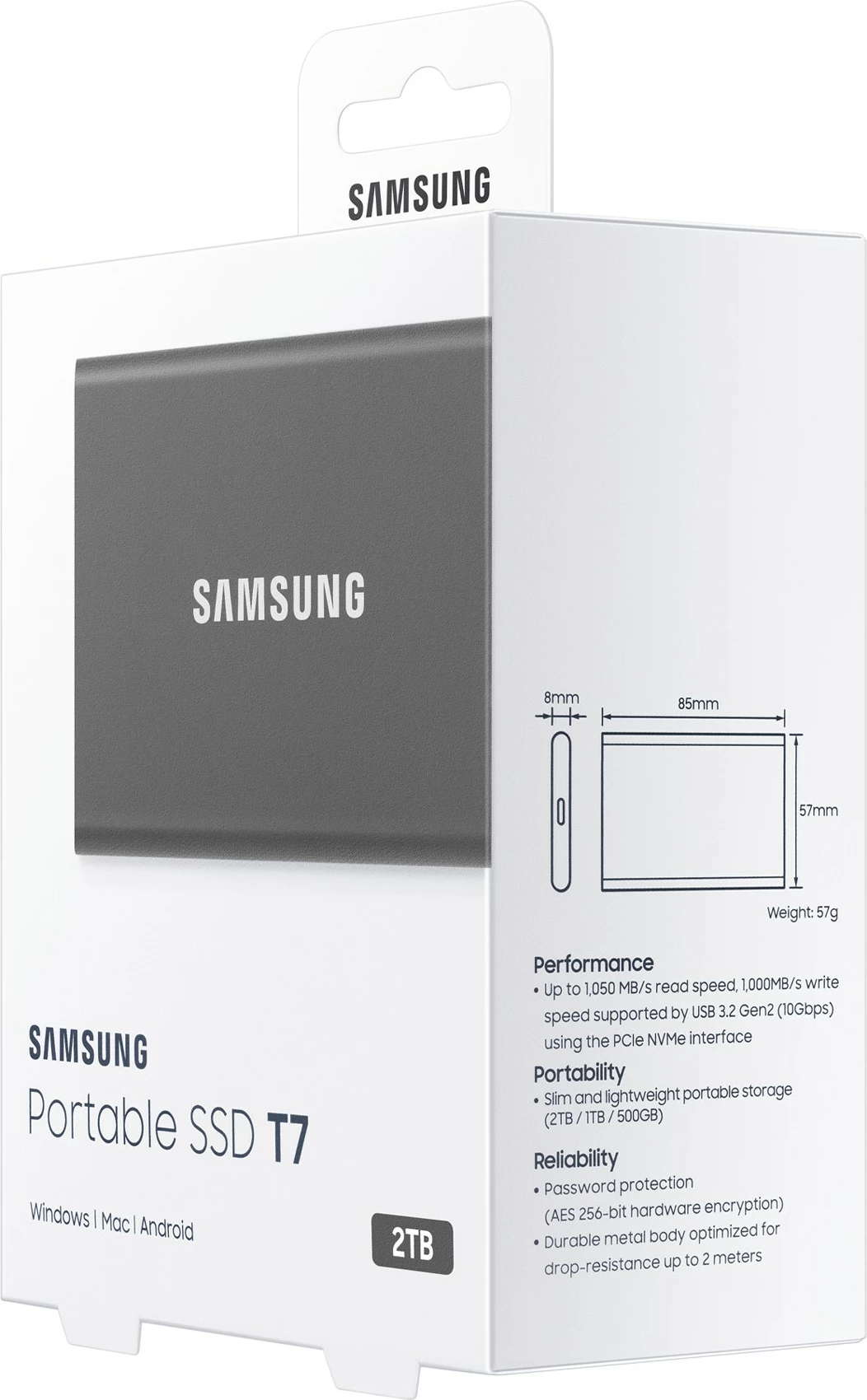 SSD portabël Samsung T7, 2 TB, USB Type-C, 3.2 Gen 2, Gri