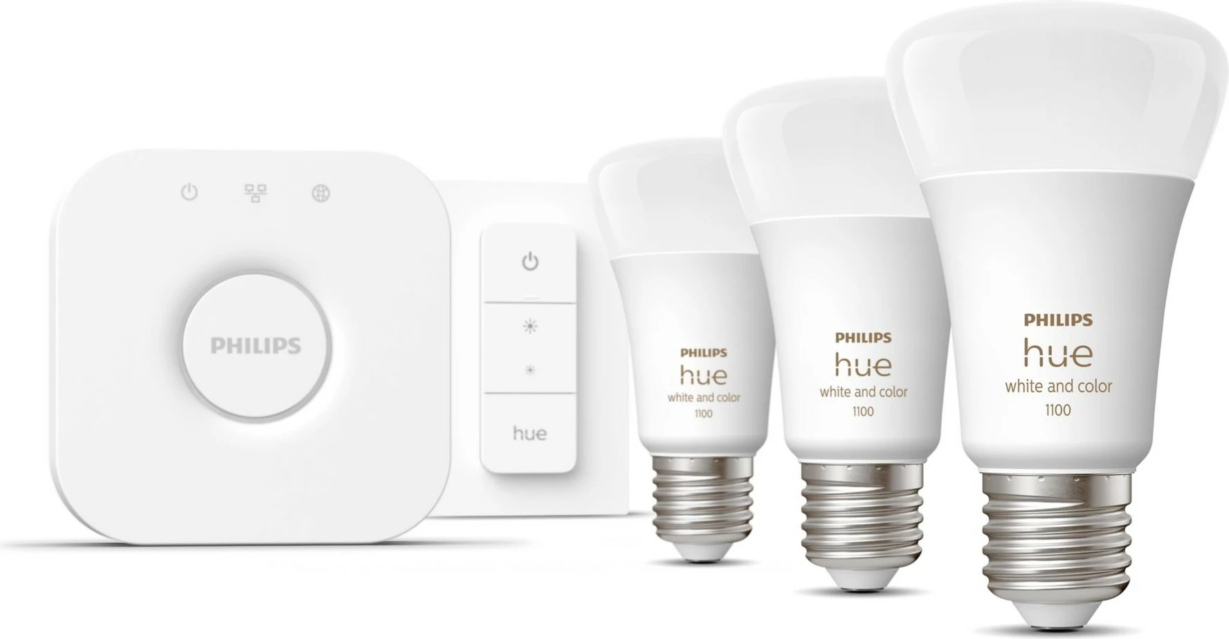 Kit ndriçimi i mençur Philips Hue, 3 llampa E27, dimmer switch, Bluetooth/Zigbee, Bardhë