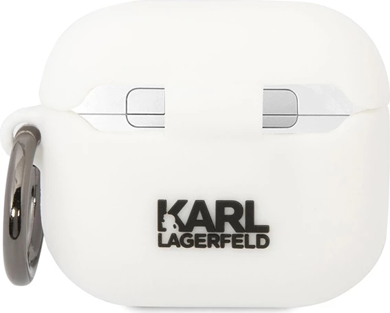 Mbështjellës Karl Lagerfeld për AirPods 3, silikon, i bardhë, me unazë