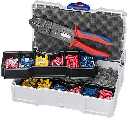 Set veglash Knipex Crimpsortiment për lidhës kabllosh, kasë, zi/blu/kuqe