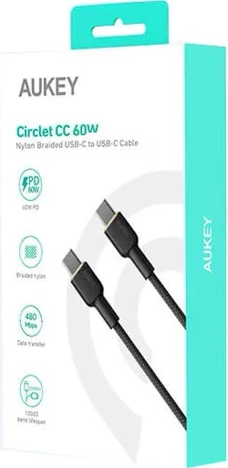 Kabllo AUKEY CB-NCC1 USB-C Type-C PD 60W 3A 1m Nylon e Zezë