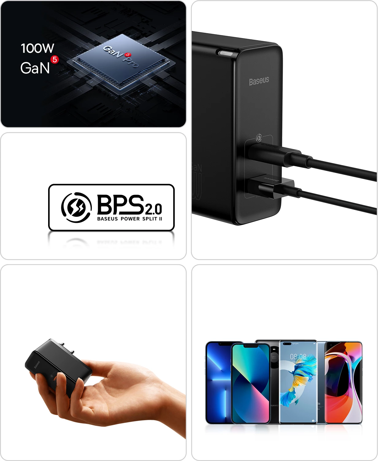 Karikues muri Baseus GaN5 Pro, 100W, 2 porta (USB-C/USB-A), i zi