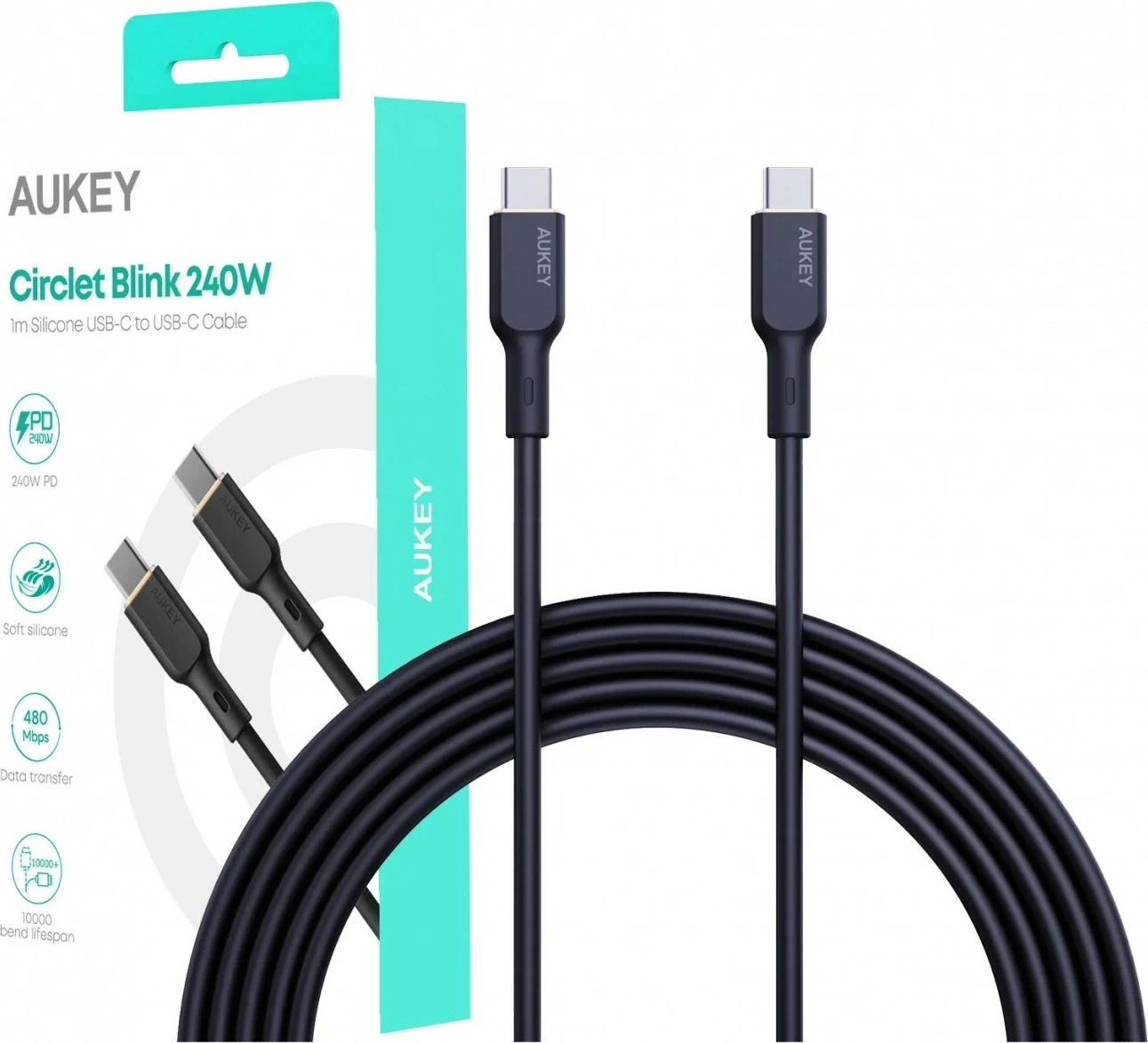 Kabllo USB-C në USB-C AUKEY CB-SCC241, 1m, 240W, Silikon, E zezë