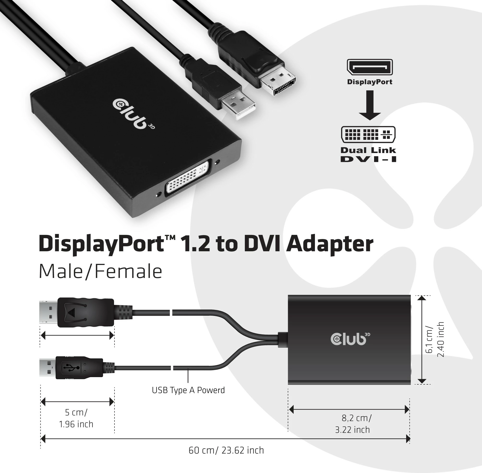 Adapter DisplayPort në DVI-D Dual Link Club3D CAC-1010, 0.6m, i zi/bardhë
